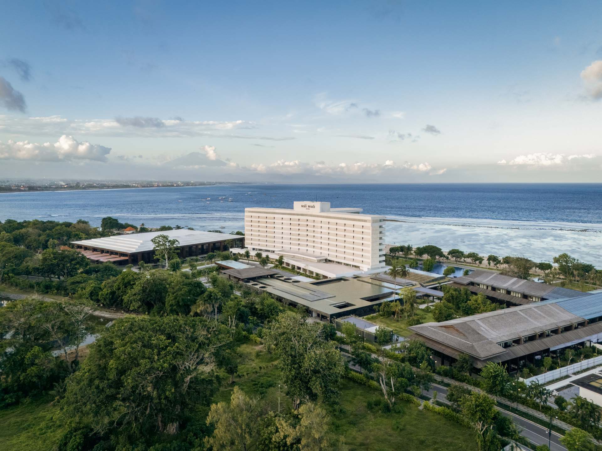 Aerial view of Bali Beach Convention Center and Bali Beach Hotel on the Sanur beachfront