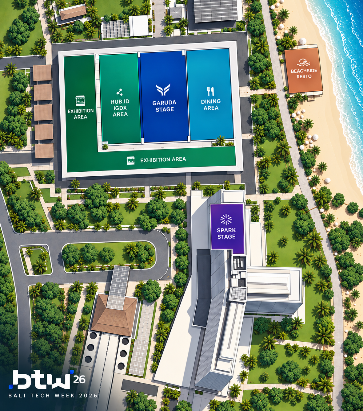 Bali Beach Convention Center venue map showing Garuda Stage, Spark Stage, HUB.ID IGDX Area, Exhibition Area, Dining Area and Beachside Resto